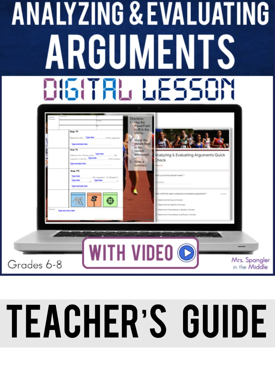 Teacher's guide cover for an arguments digital lesson with video, showing Google Slides notes and a Quick Check quiz