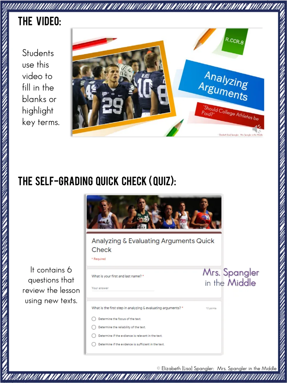 Preview of the Analyzing Arguments video on paying college athletes and the 6-question self-grading Quick Check quiz