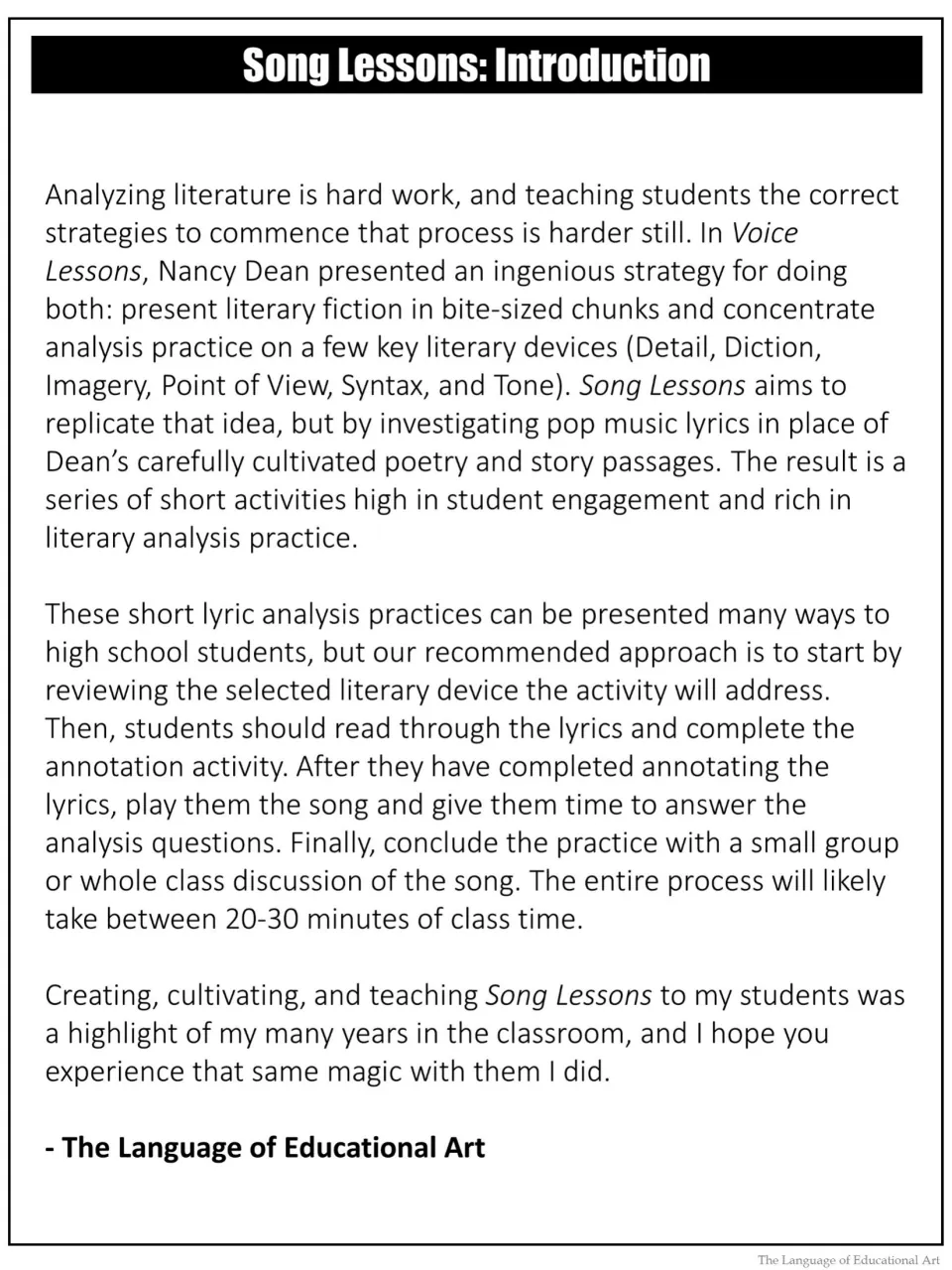 Song lesson introduction explaining lyric analysis and a 20–30 minute sequence of annotation and discussion