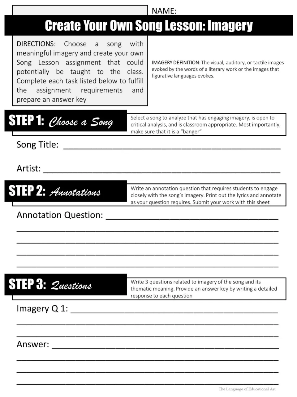 Create-your-own imagery song lesson: choose a song, design an annotation task, and write questions and answers