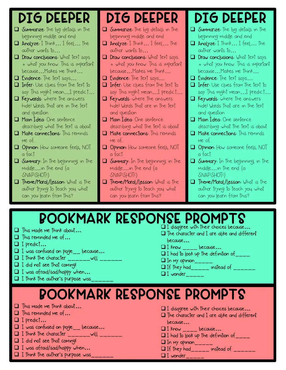 Color bookmarks: three Dig Deeper strips defining summarize, infer, main idea and theme, plus two response prompt strips