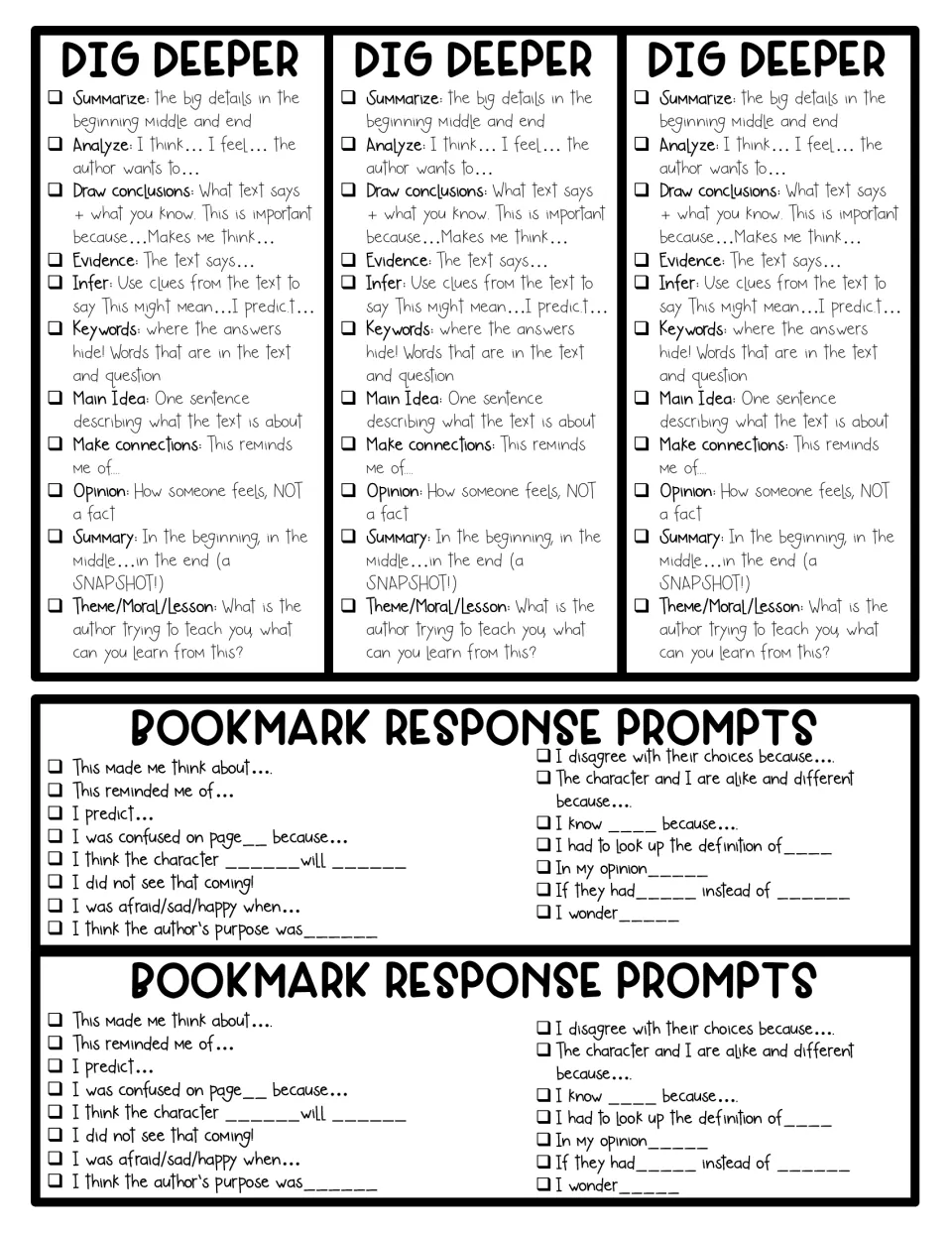 Black-and-white bookmarks: Dig Deeper reading strategy terms and response sentence starters such as I predict and I wonder