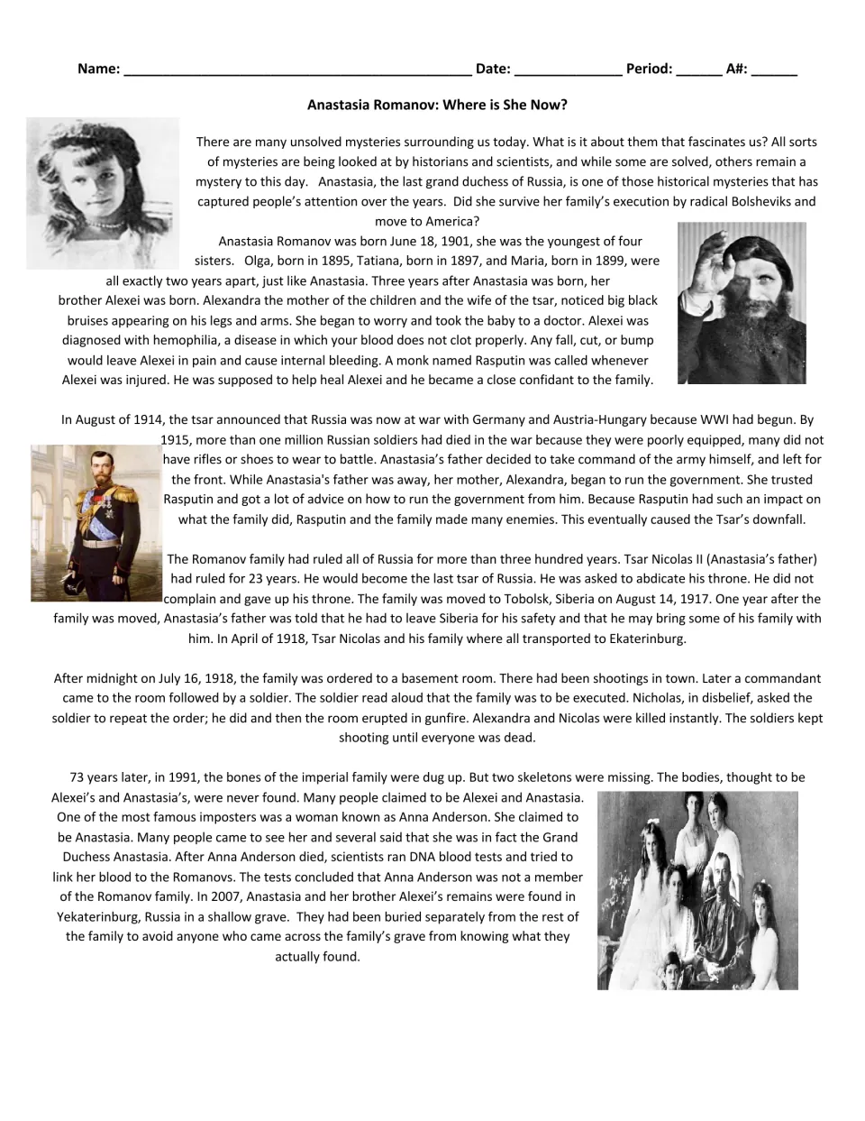 Reading passage on Anastasia Romanov: her family, Rasputin, the 1918 execution and the Anna Anderson imposter claim