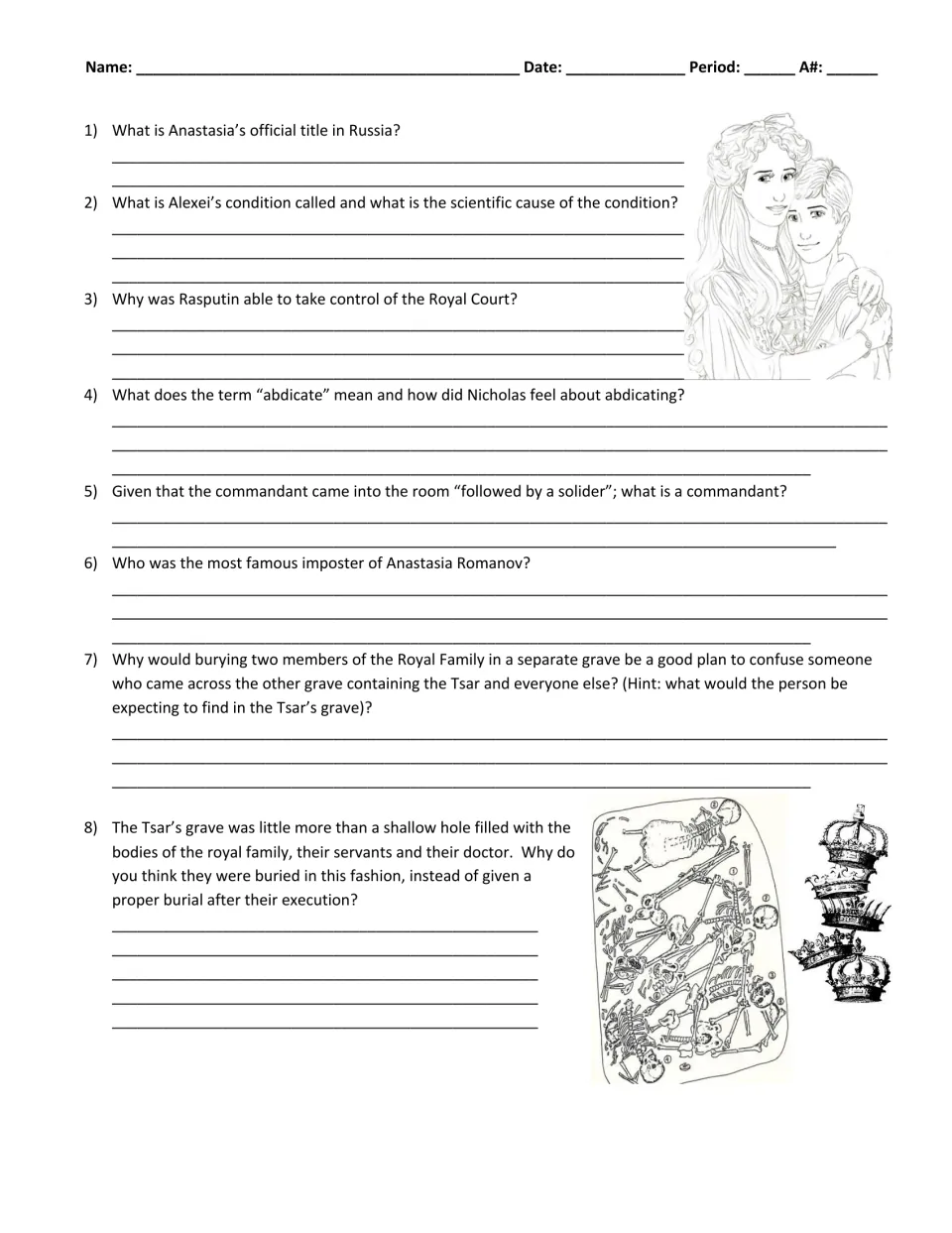 Romanov comprehension questions: students write answers on hemophilia, Rasputin, abdication and the hidden graves