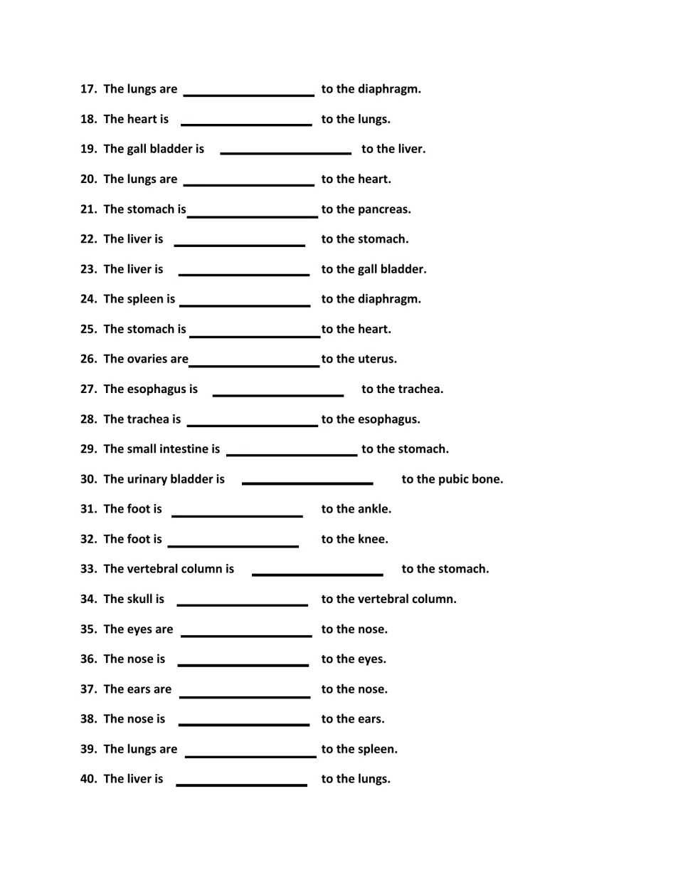 Anatomy assignment part 2 continued: directional terms questions 17–40 compare organs and body parts.
