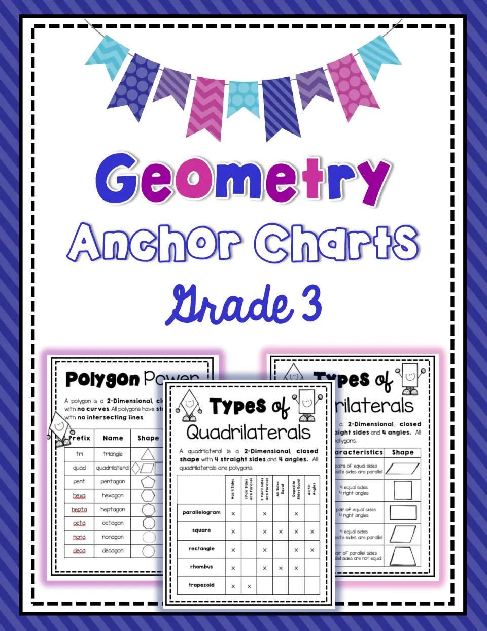 Geometry Anchor Charts Grade 3 cover showing the Polygon Power chart and two Types of Quadrilaterals charts