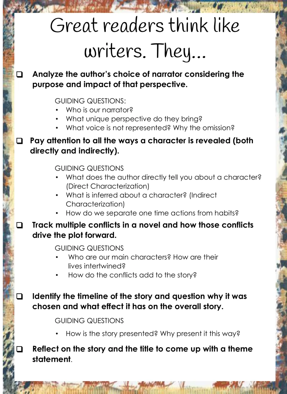 Reading like a writer: students analyze narrator, characterization, conflicts, timeline and theme using guiding questions