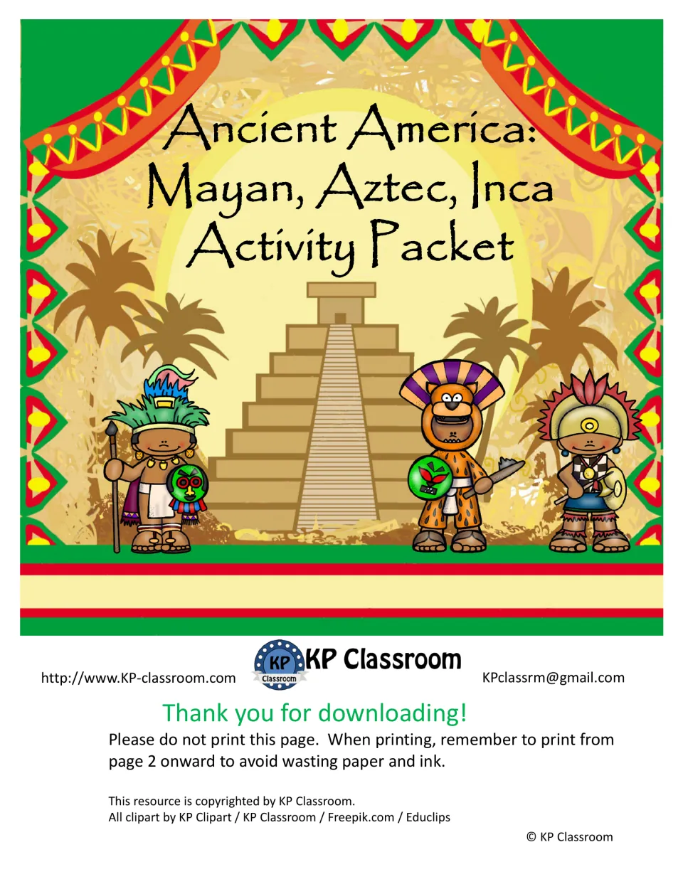 Ancient America: Mayan, Aztec, Inca Activity Packet cover showing a stepped pyramid and three cartoon ancient warriors