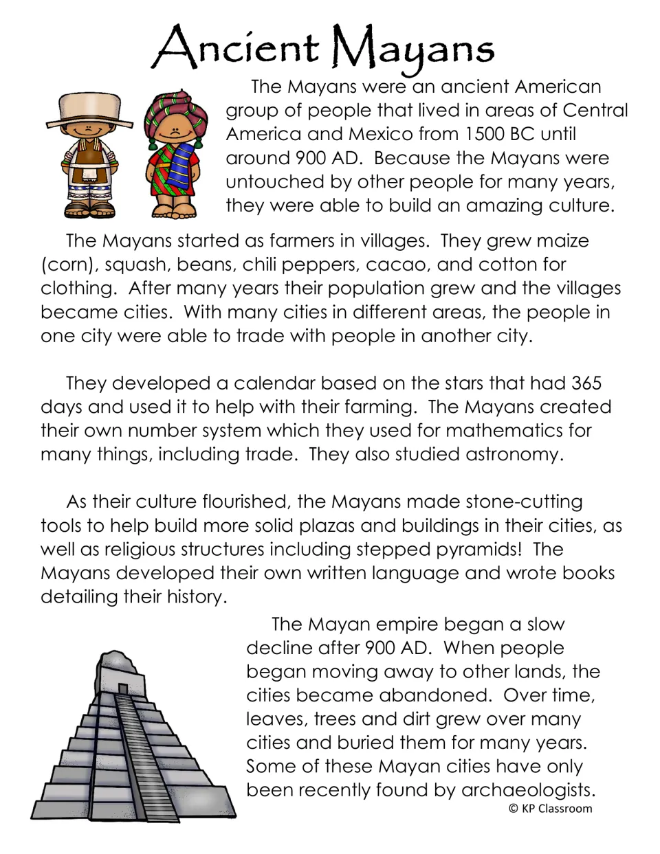 Ancient Mayans reading passage on farming, the 365-day calendar, number system, stepped pyramids and decline
