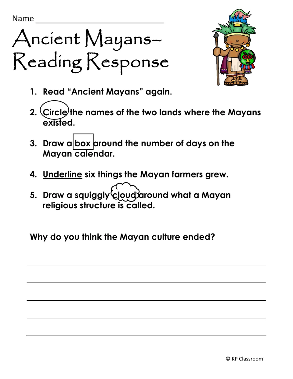 Ancient Mayans reading response: students circle, box and underline facts, then explain why the culture ended