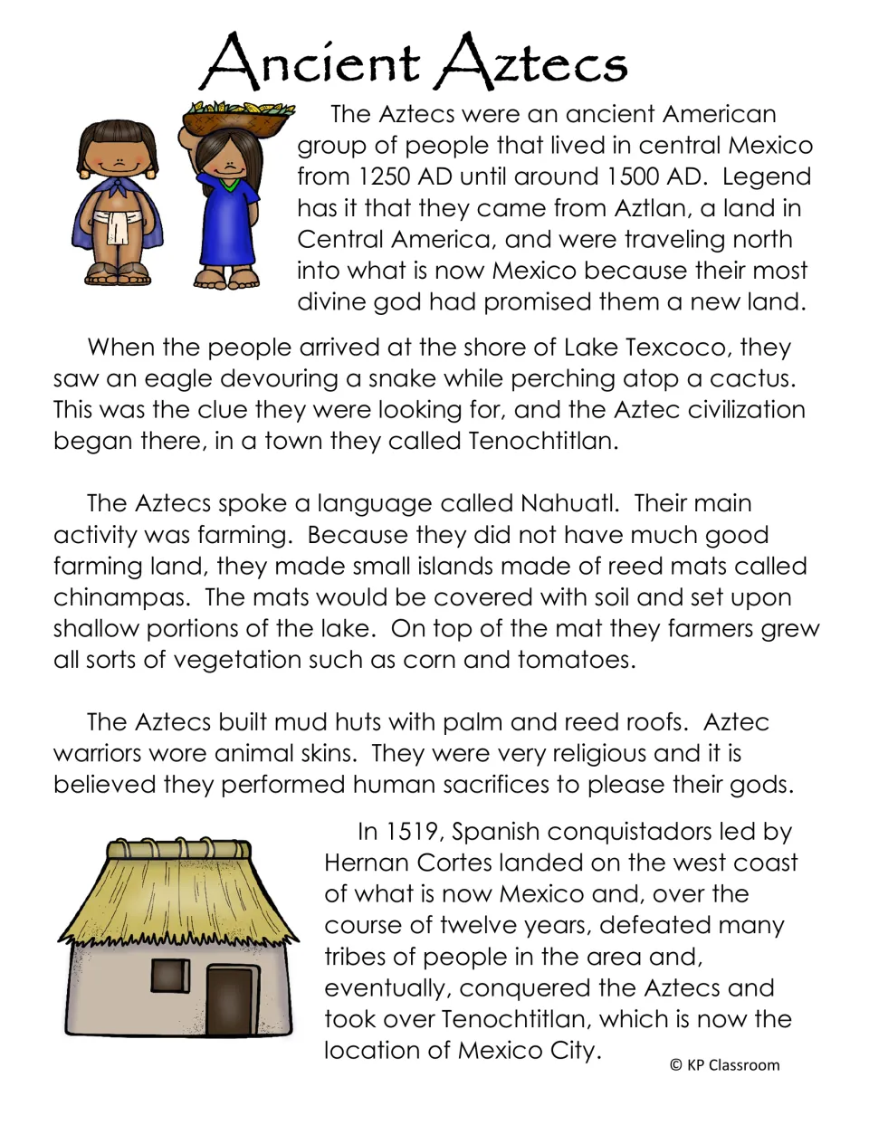 Ancient Aztecs reading passage on the eagle-and-snake legend, Tenochtitlan, chinampa farming and Cortes's conquest