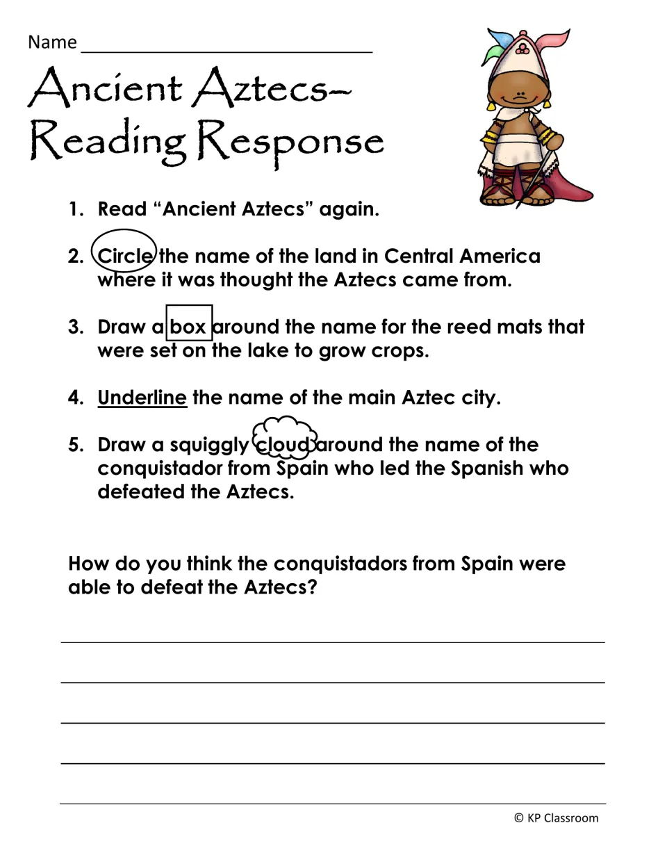 Ancient Aztecs reading response: students mark Aztlan, chinampas, Tenochtitlan and Cortes, then explain the conquest