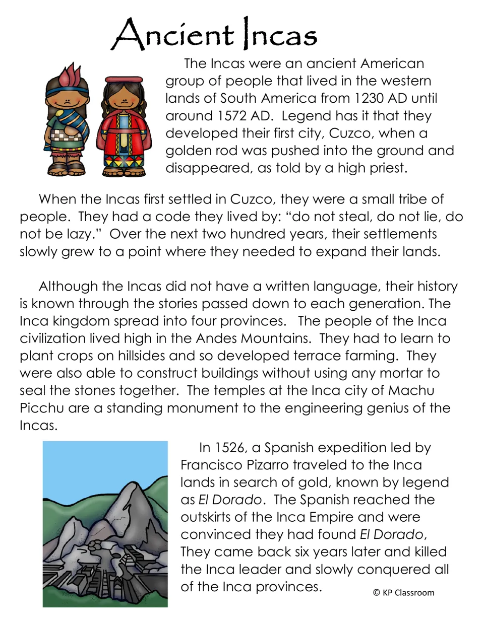 Ancient Incas reading passage on Cuzco, the Inca code, terrace farming in the Andes, Machu Picchu and Pizarro's conquest