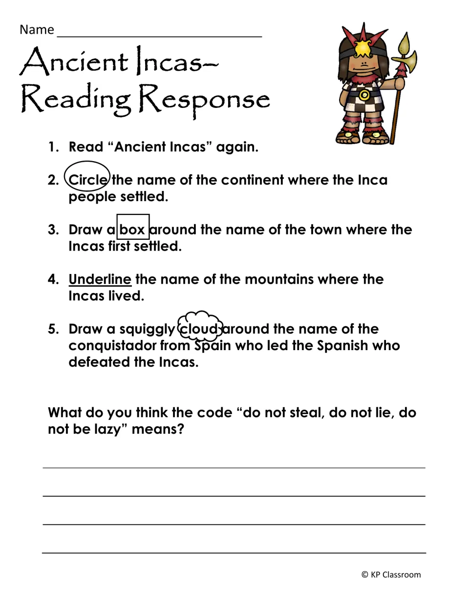 Ancient Incas reading response: students mark the continent, Cuzco, the Andes and Pizarro, then explain the Inca code