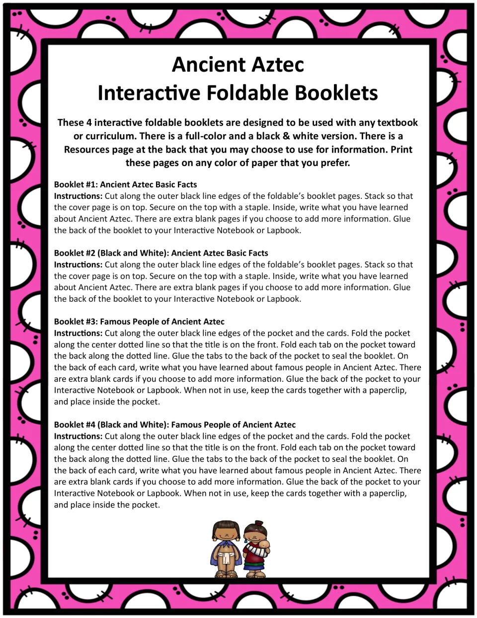 Instructions for four Aztec booklets: basic facts and famous people, each in color and black and white
