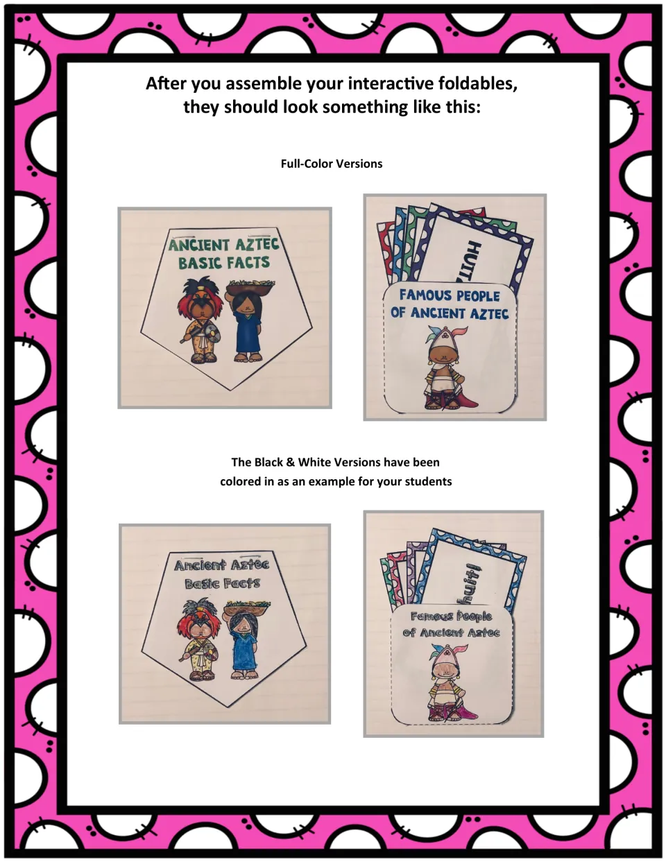 Assembly examples show the Aztec basic-facts booklet and famous-people pocket in color and colored-in versions