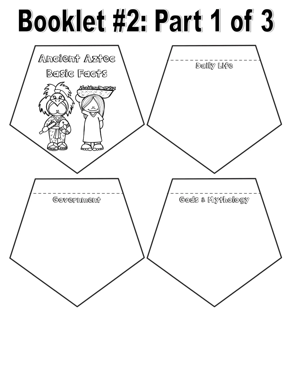 Basic-facts booklet 2: black-and-white cover plus daily life, government, and gods and mythology writing pieces