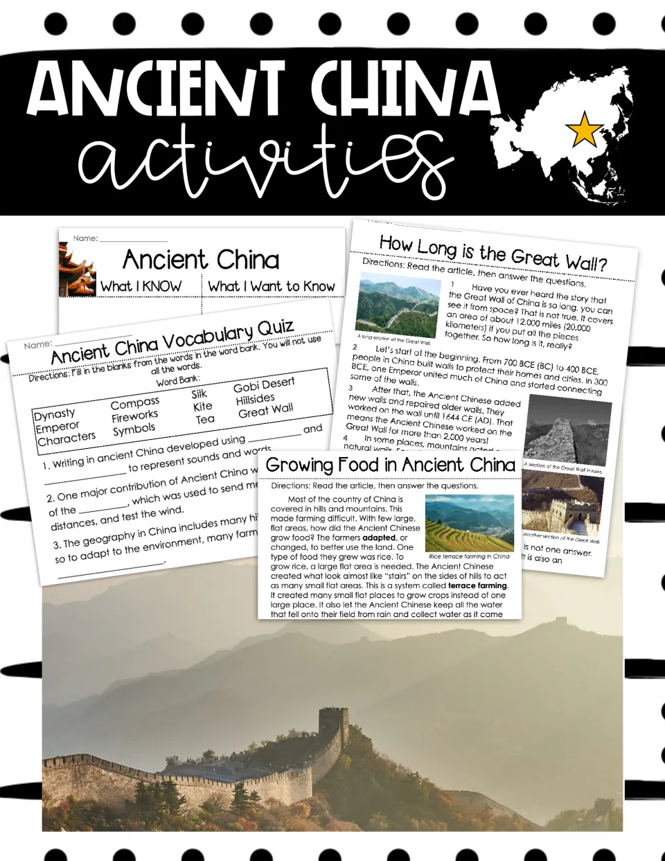 Ancient China activities cover showing a vocabulary quiz, KWL chart, Great Wall article and farming article over a wall photo