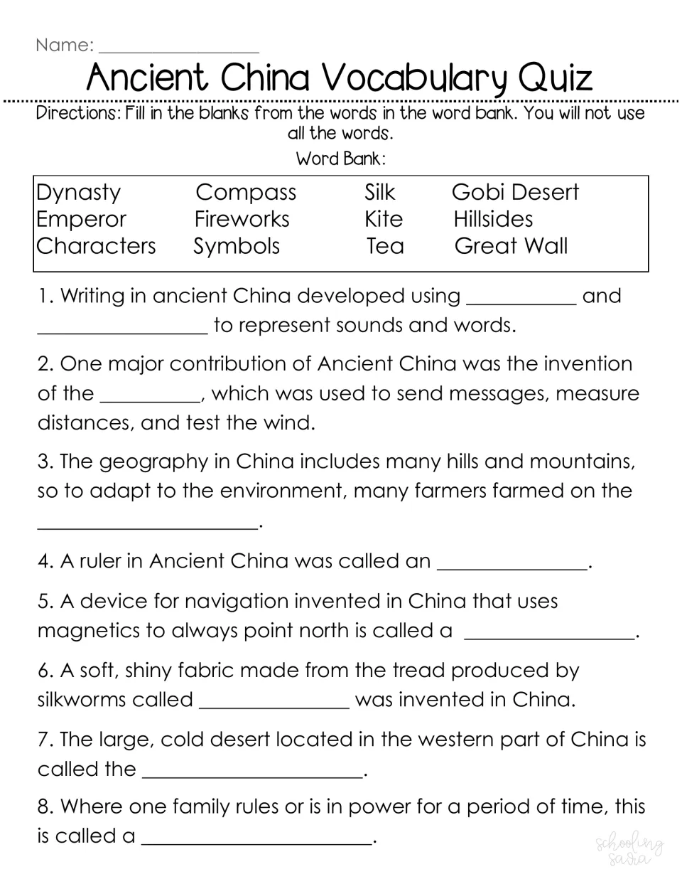 Vocabulary quiz: students fill 8 blanks from a word bank with terms such as dynasty, emperor, compass, silk and Gobi Desert