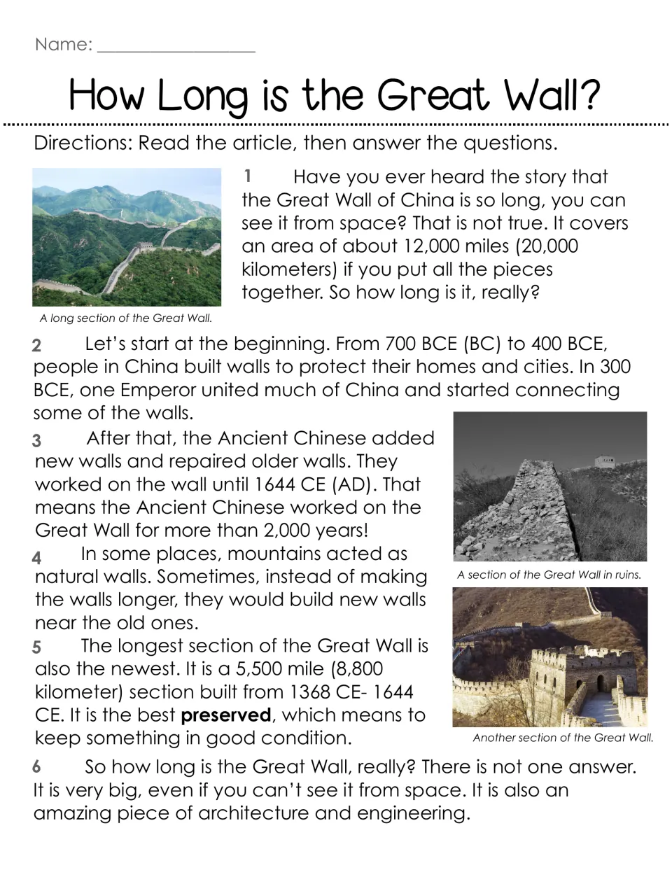 How Long is the Great Wall? article: six numbered paragraphs on when and why the wall was built, with three section photos