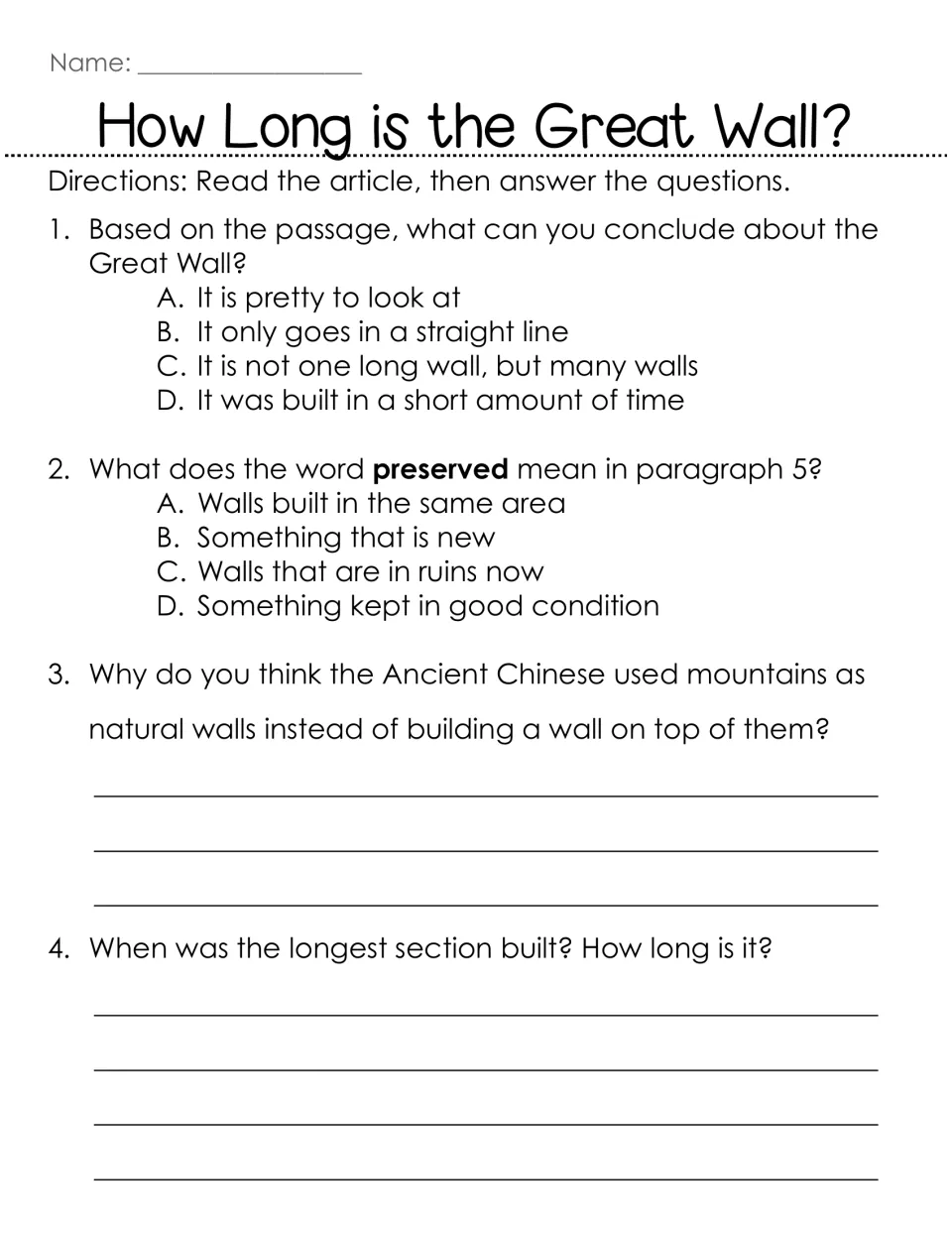 Great Wall reading questions: 2 multiple-choice items on a conclusion and the word preserved, plus 2 written-response items