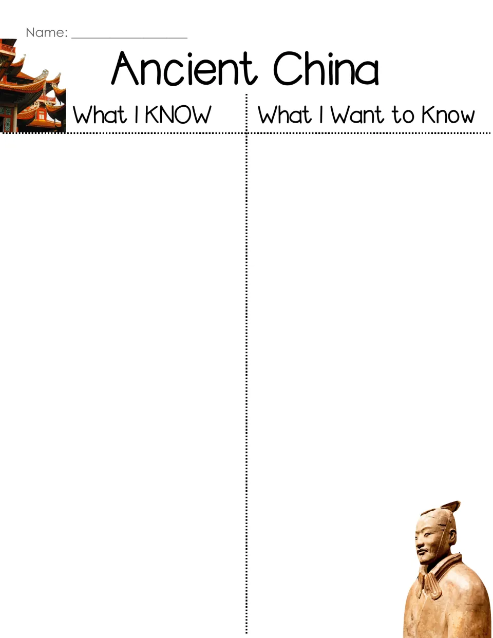 Ancient China know and want-to-know chart: students list what they already know and what they want to learn about the topic