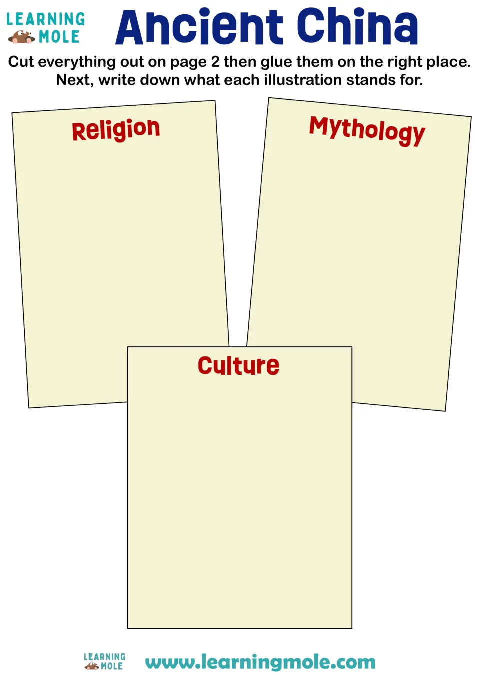 Ancient China sorting mat: students glue picture cards under Religion, Mythology or Culture and write what each stands for