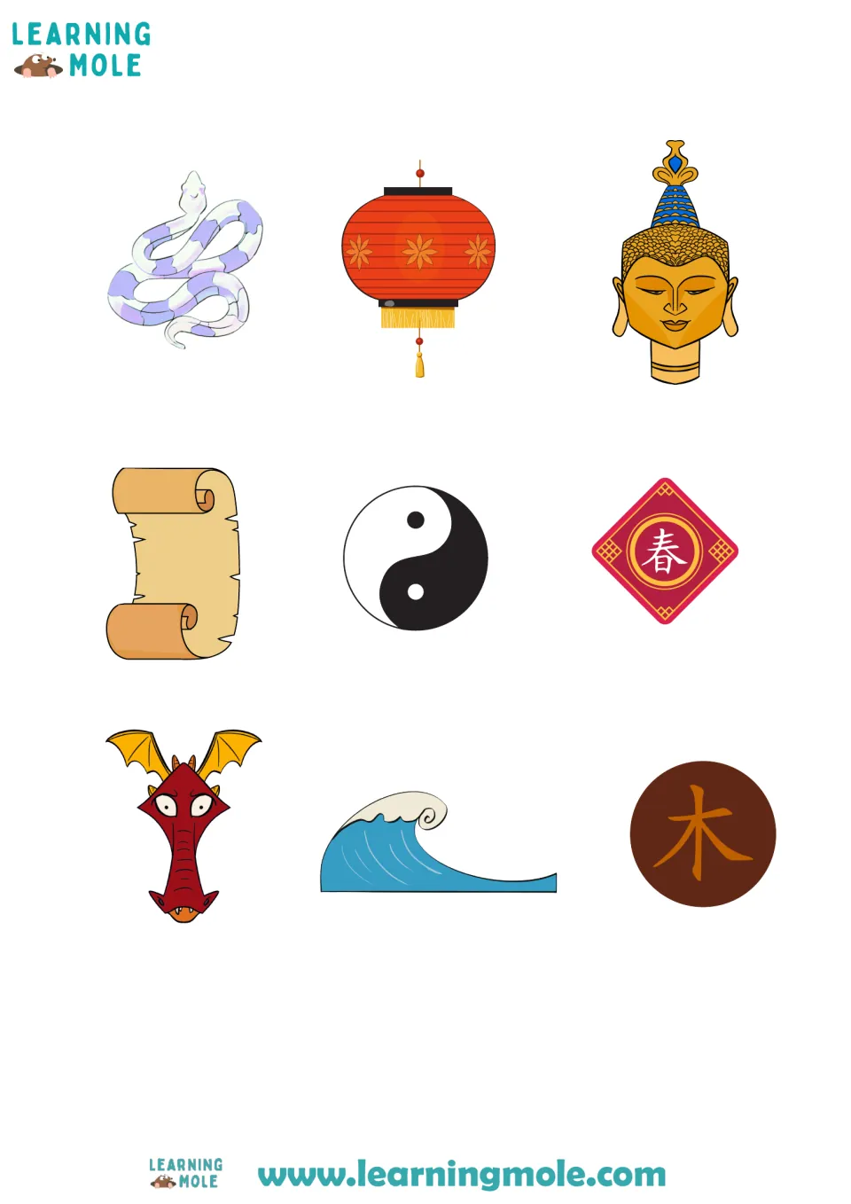 Nine picture cards to cut out: snake, lantern, Buddha head, scroll, yin-yang, spring sign, dragon, wave and wood character