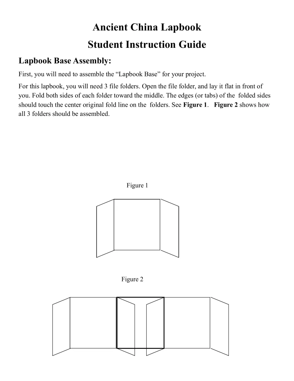 Lapbook base assembly: students fold 3 file folders toward the middle, following Figure 1 and Figure 2 diagrams