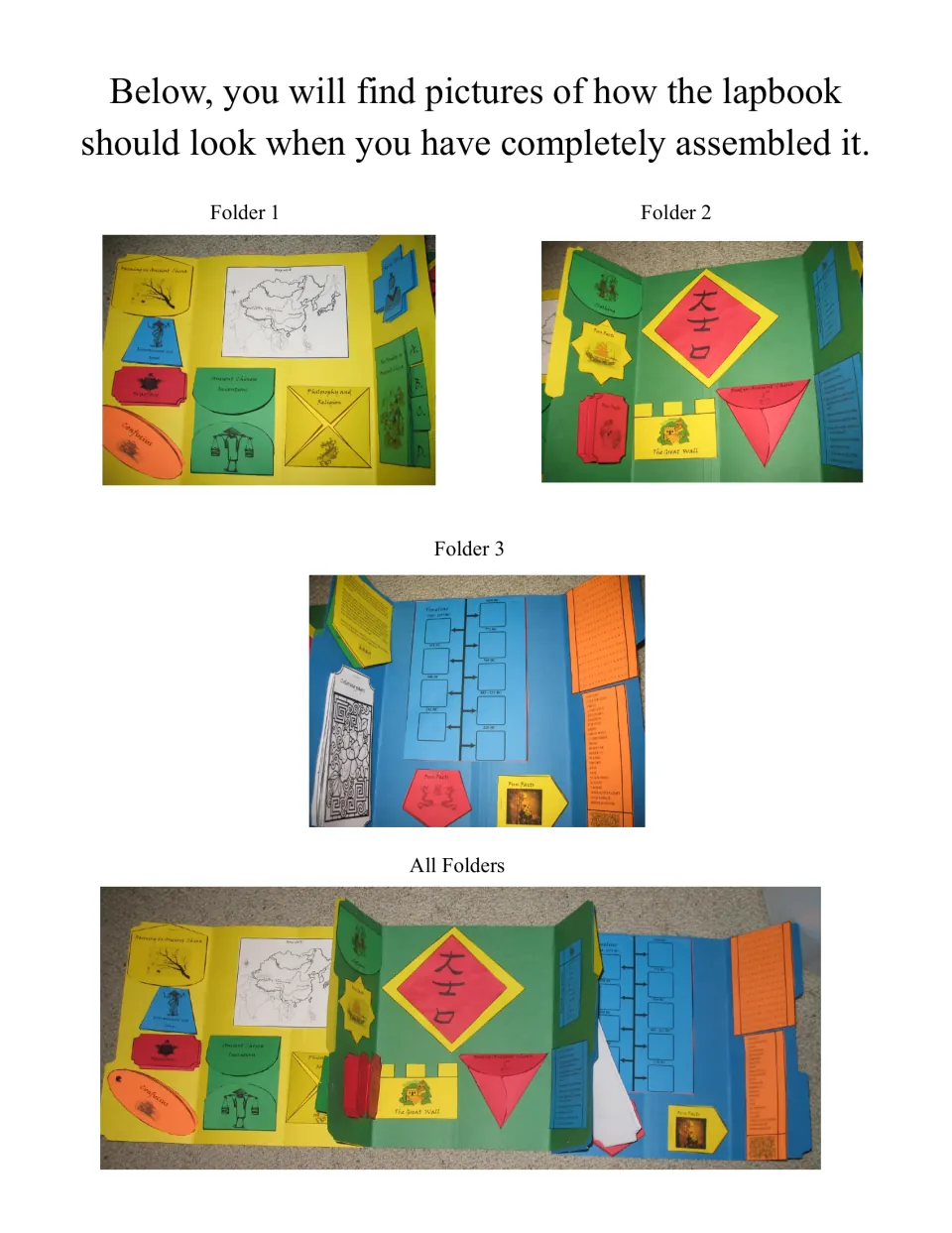 Photos of the finished lapbook in yellow, green and blue folders, shown by Folder 1, 2, 3 and all folders open together
