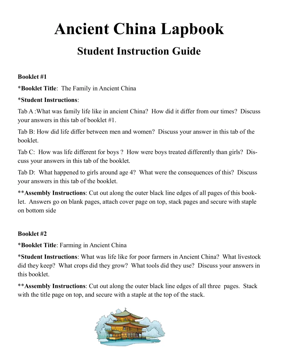 Booklet 1 on family in ancient China and Booklet 2 on farming: discussion questions for each tab and assembly steps