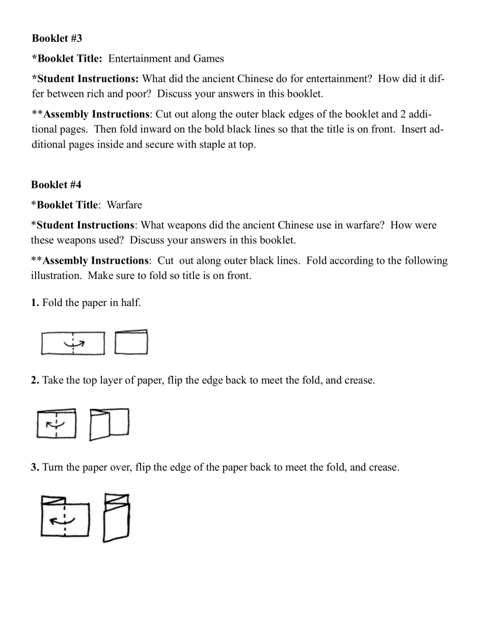 Booklet 3 on entertainment and games and Booklet 4 on warfare: questions plus a three-step folding diagram for assembly
