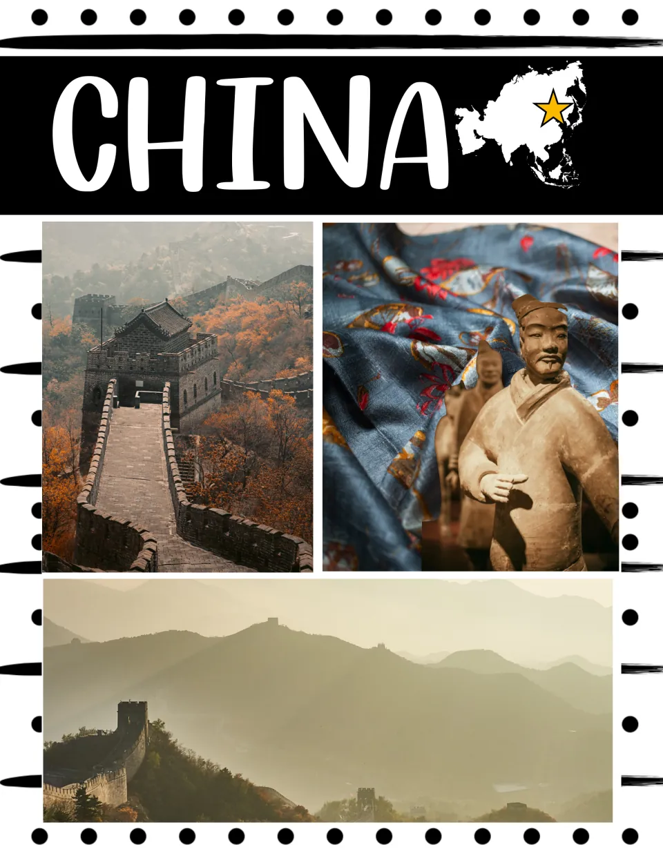 China cover: title beside a star-marked Asia map, with photos of the Great Wall, silk fabric and a terracotta soldier
