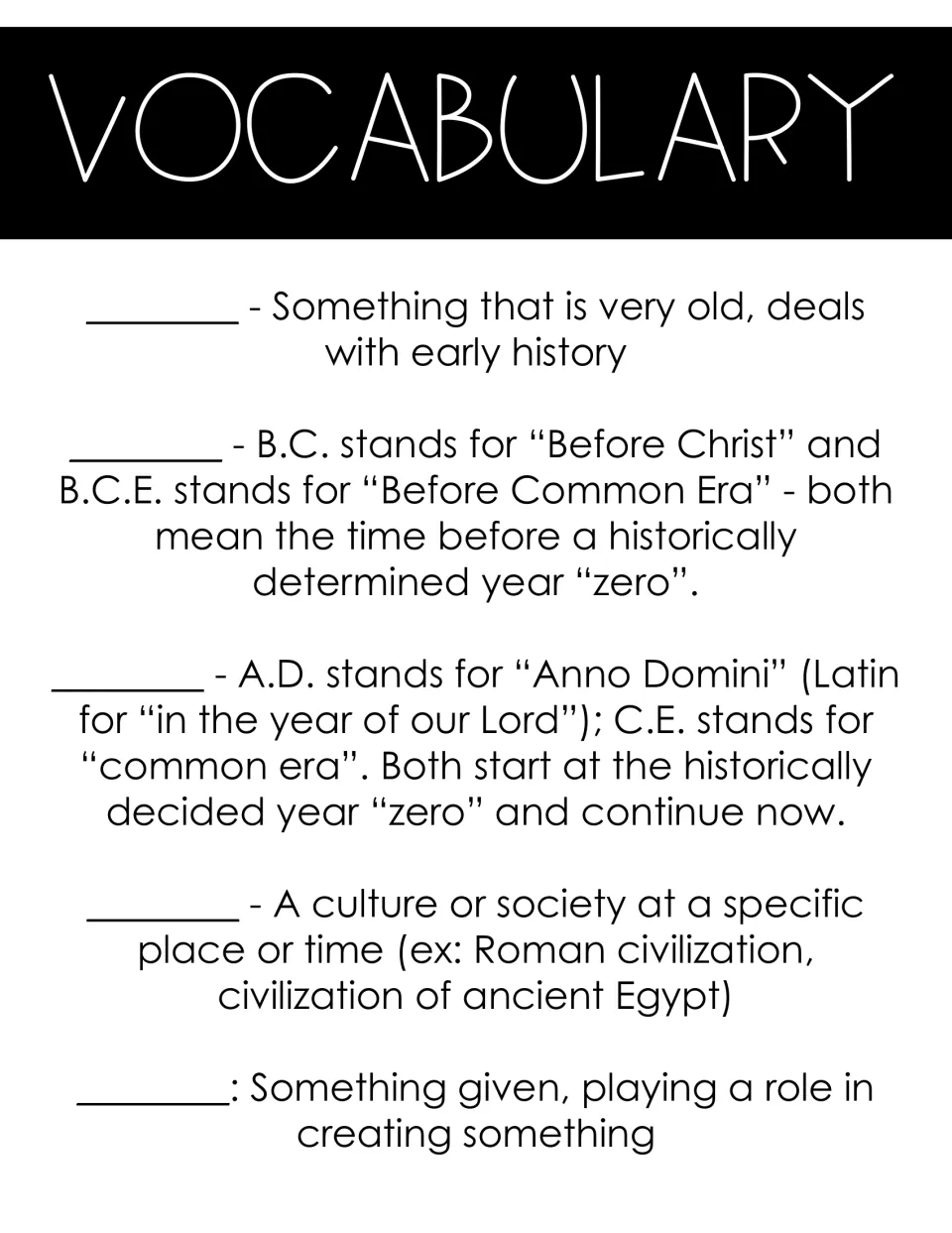Vocabulary fill-in: students write the missing term, such as civilization, on the blank before each definition
