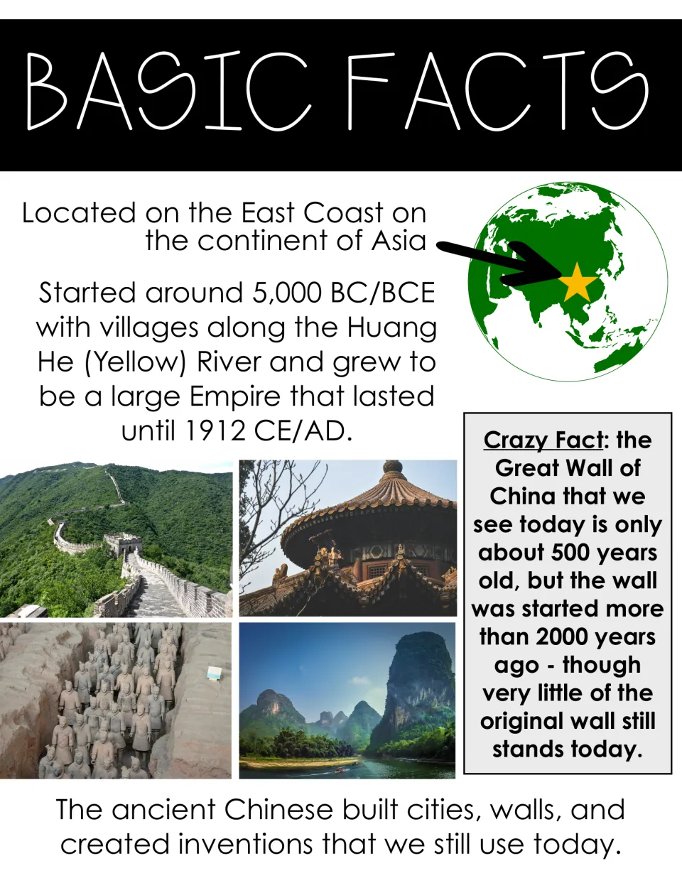 Basic facts on ancient China: its location in Asia, villages on the Huang He from 5,000 BCE, and a Great Wall crazy fact