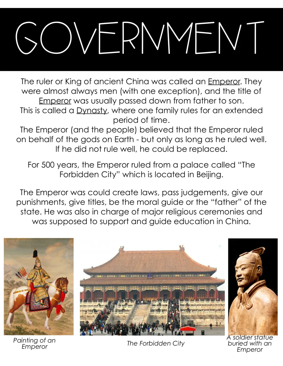 Government in ancient China: emperors, dynasties, the Forbidden City in Beijing and the emperor's duties, with photos