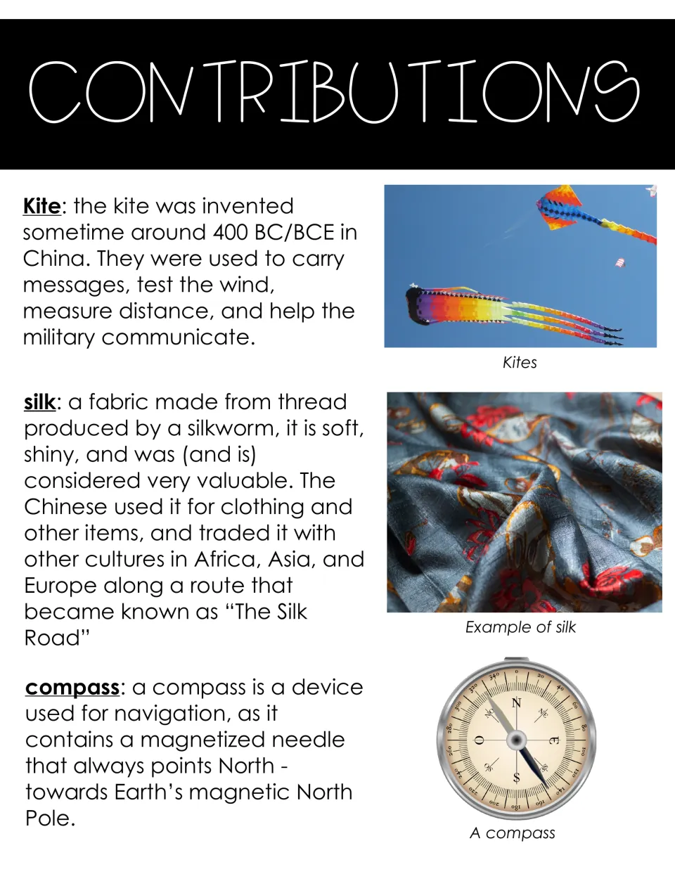 Chinese contributions notes on kites, silk traded along the Silk Road, and the compass, each shown with a photo