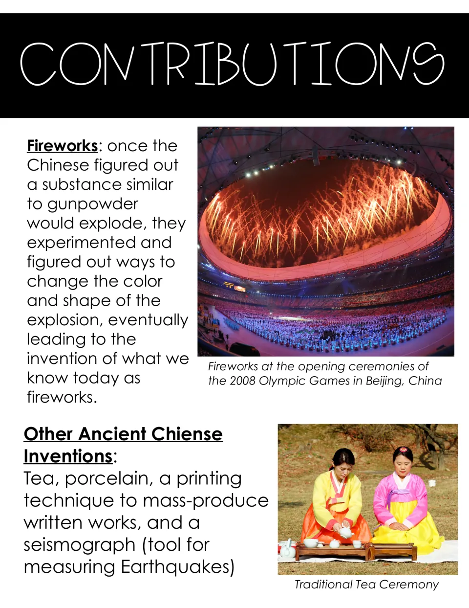 Fireworks and other ancient Chinese inventions: tea, porcelain, printing, seismograph, with an Olympic fireworks photo