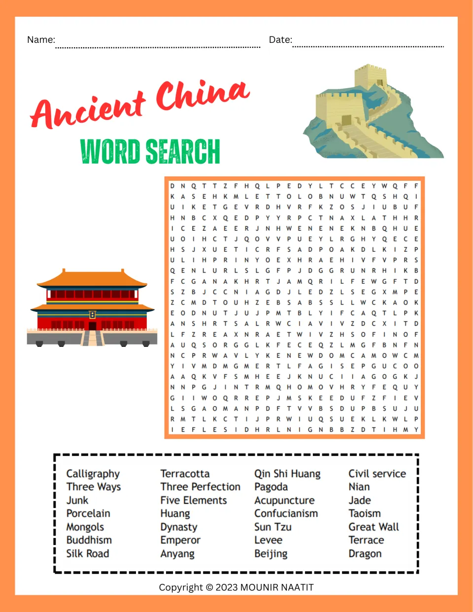 Ancient China vocabulary search: students find 28 hidden terms like Terracotta, Silk Road, Confucianism and the Great Wall