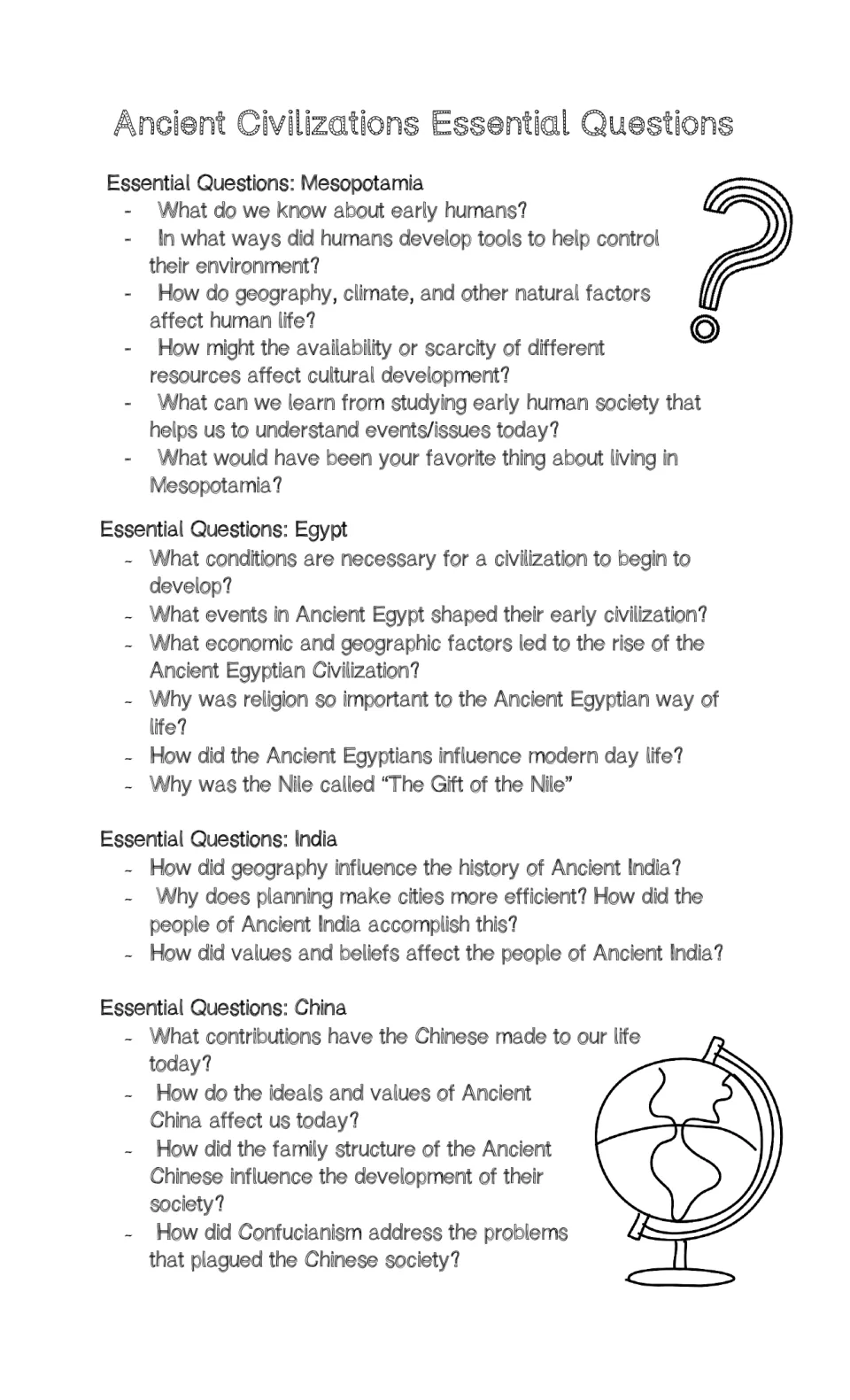 Essential questions, part 1: Mesopotamia, Egypt, India, and China, covering geography, beliefs, and society.