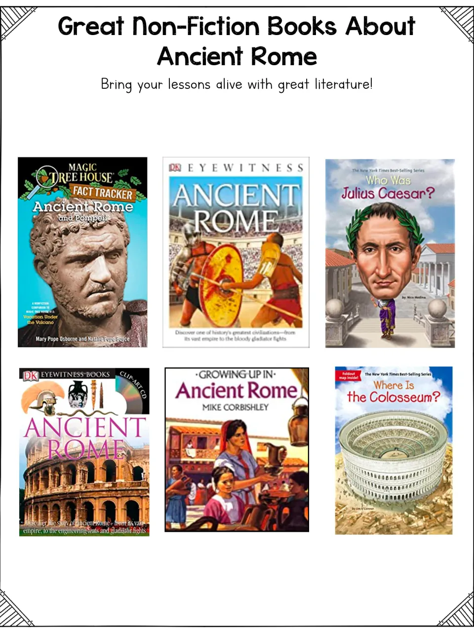 Ancient Rome non-fiction book list: six covers incl. Who Was Julius Caesar?, Where Is the Colosseum? and DK Eyewitness
