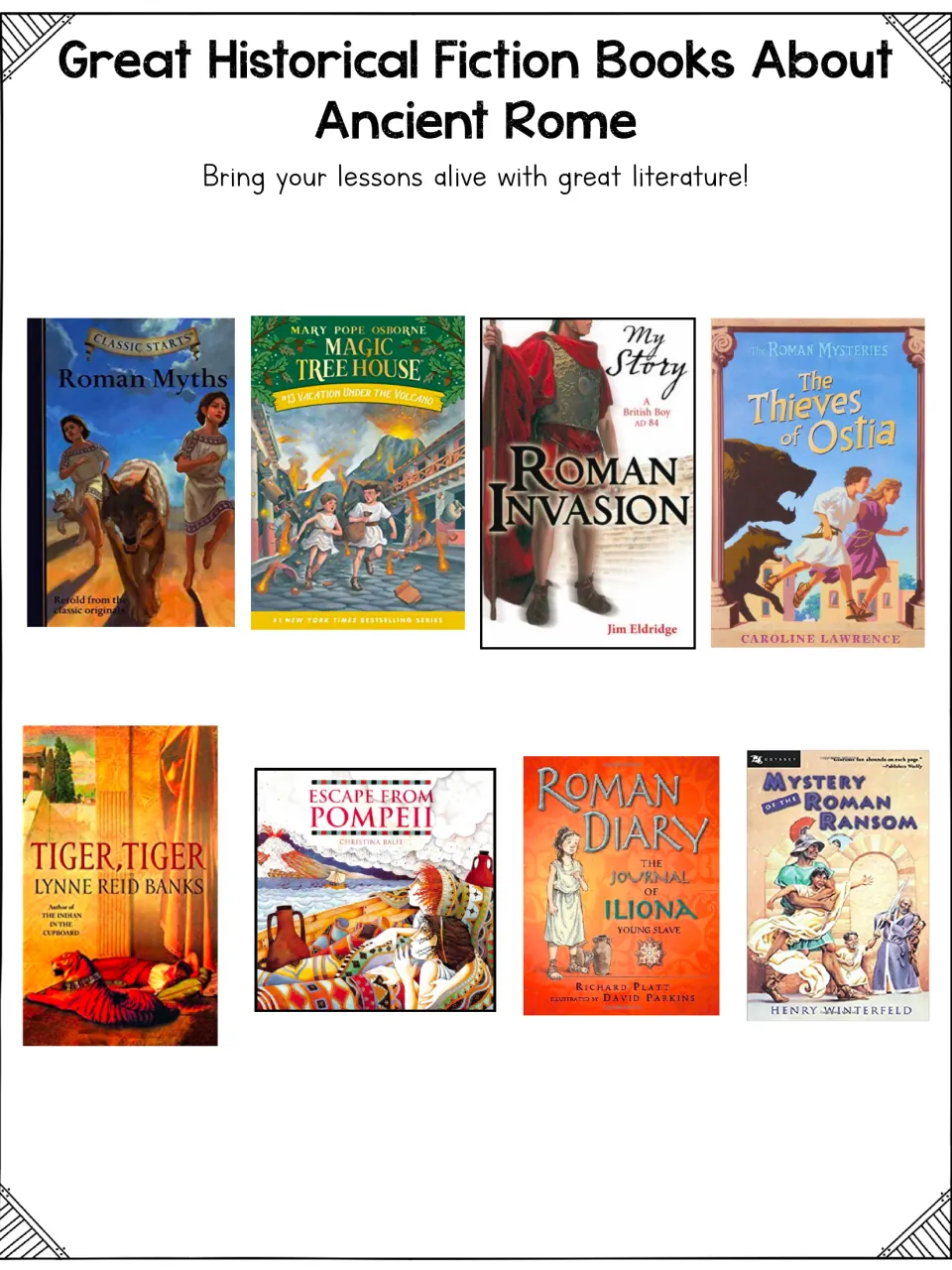 Ancient Rome historical fiction list: eight covers incl. Roman Diary, Escape from Pompeii and The Thieves of Ostia
