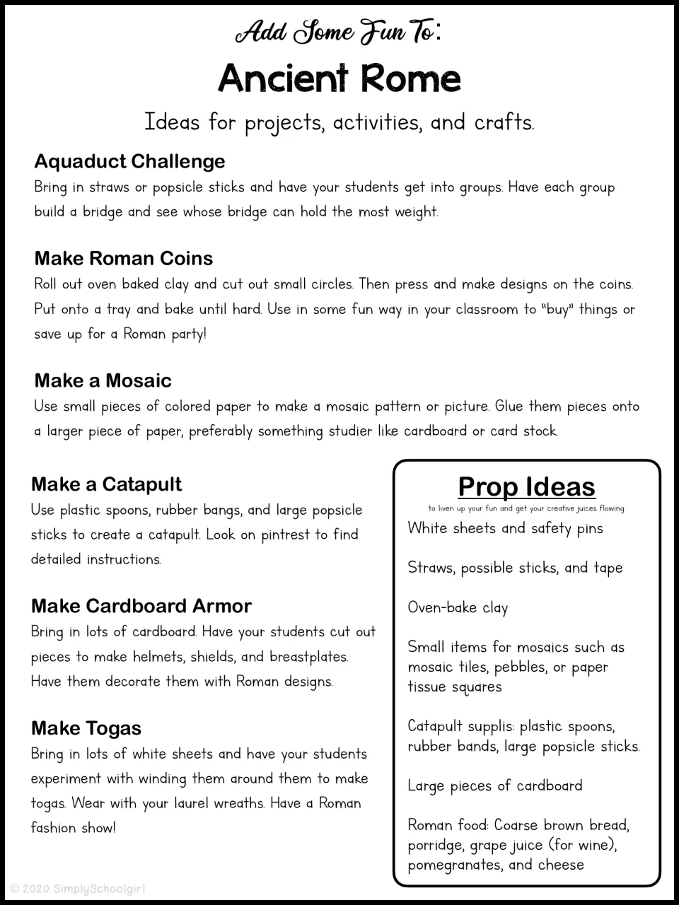 Roman hands-on project ideas: aqueduct challenge, clay coins, mosaics, catapults, cardboard armor and togas, plus props