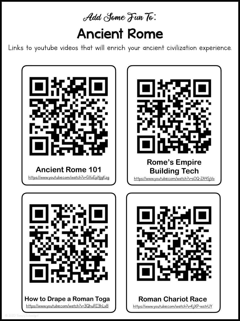 Ancient Rome video links: four YouTube QR codes incl. Ancient Rome 101, Roman Chariot Race and How to Drape a Roman Toga