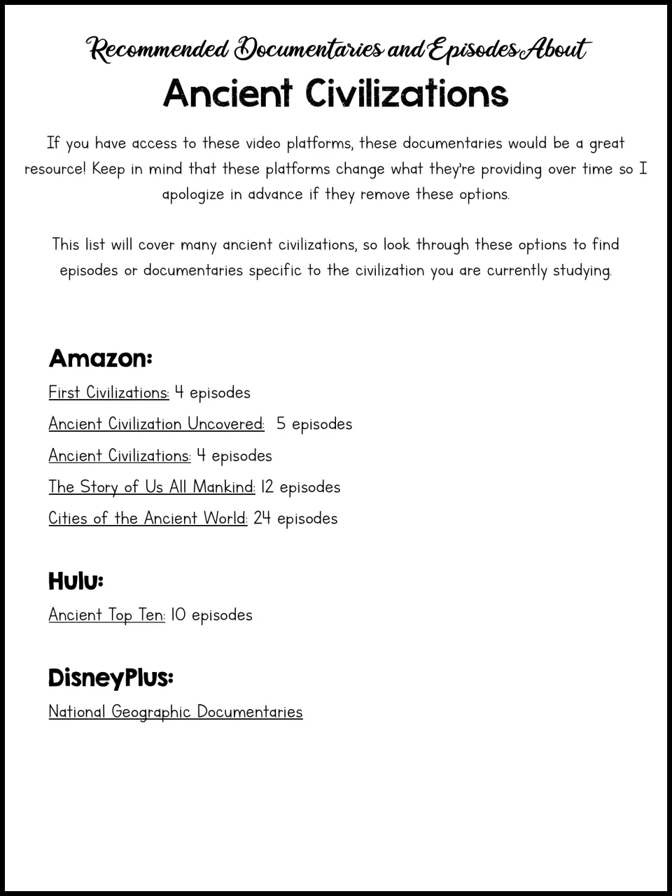 Documentary list on ancient civilizations: series on Amazon, Hulu and DisneyPlus with episode counts, e.g. Ancient Top Ten