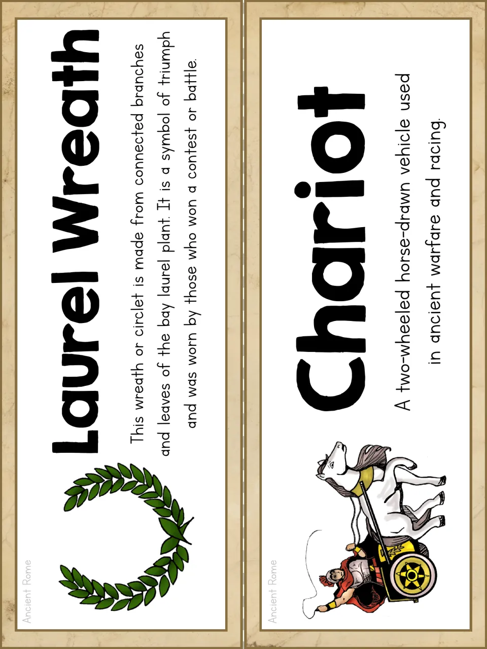 Rome vocabulary posters: Laurel Wreath as a symbol of triumph and Chariot as a two-wheeled horse-drawn vehicle