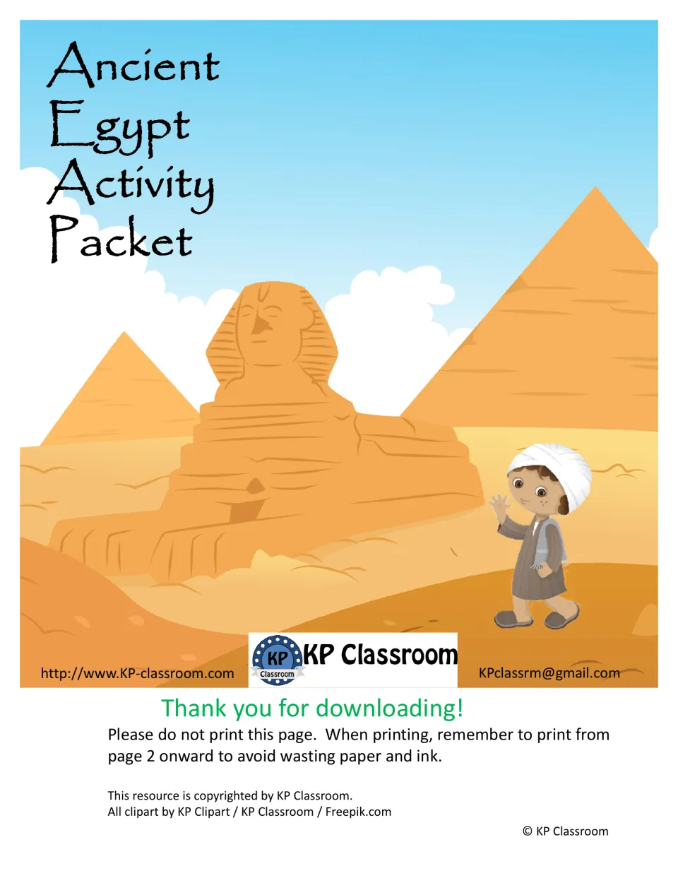 Ancient Egypt Activity Packet cover with instructions to skip the cover and print from page 2 onward