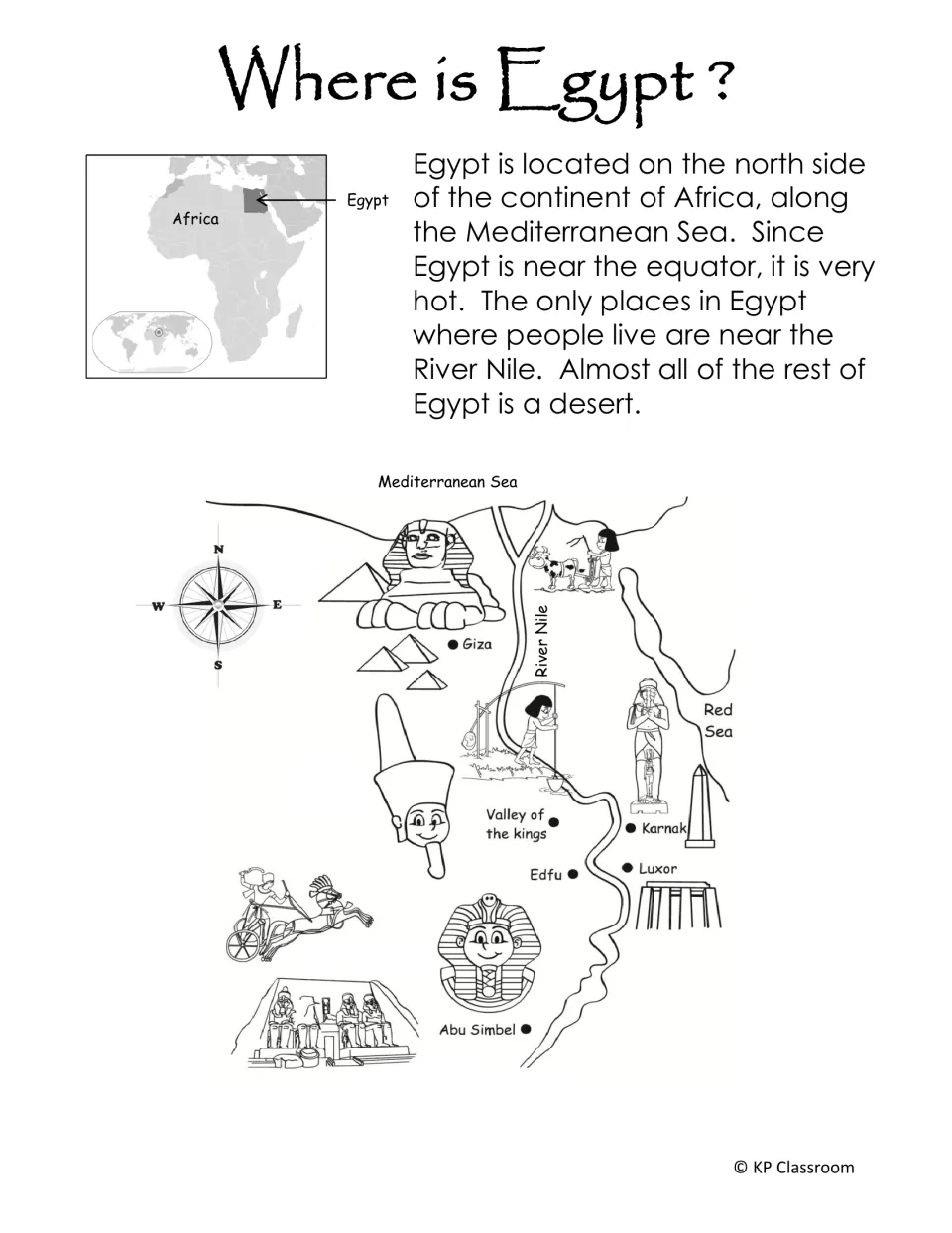 Geography reading explains Egypt's location in Africa, with a map labeling the Nile and Egyptian sites