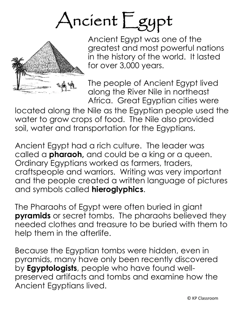 Shorter history passage introduces the Nile, pharaohs, hieroglyphics, pyramids, and Egyptologists