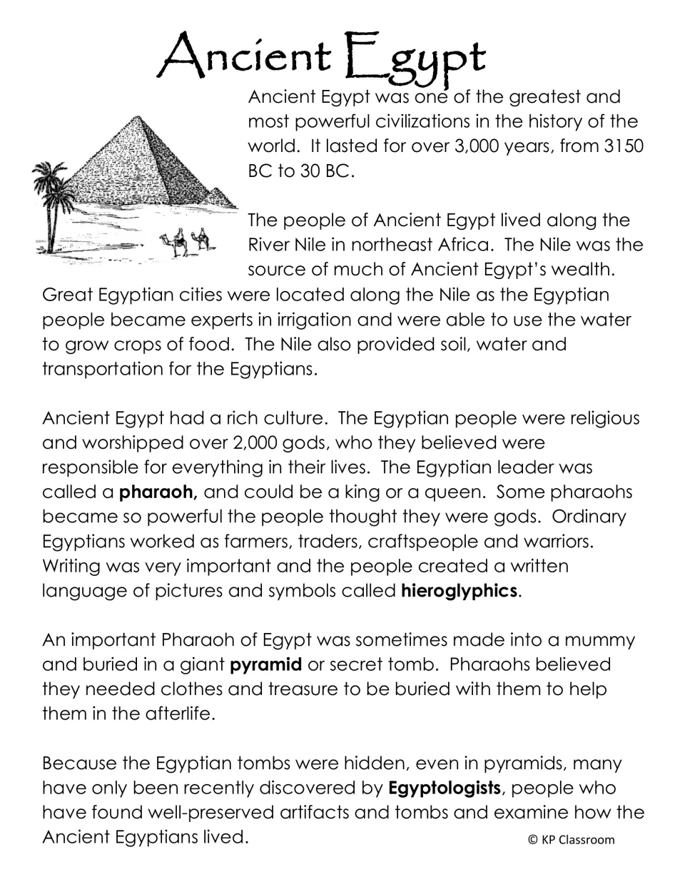 Longer history passage adds dates, irrigation, religious beliefs, and mummies to the overview of Egypt